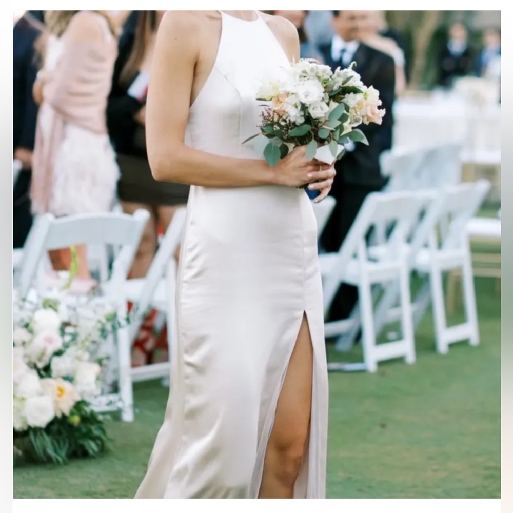 NEW Elegant Champagne Satin Strappy Maxi Dress